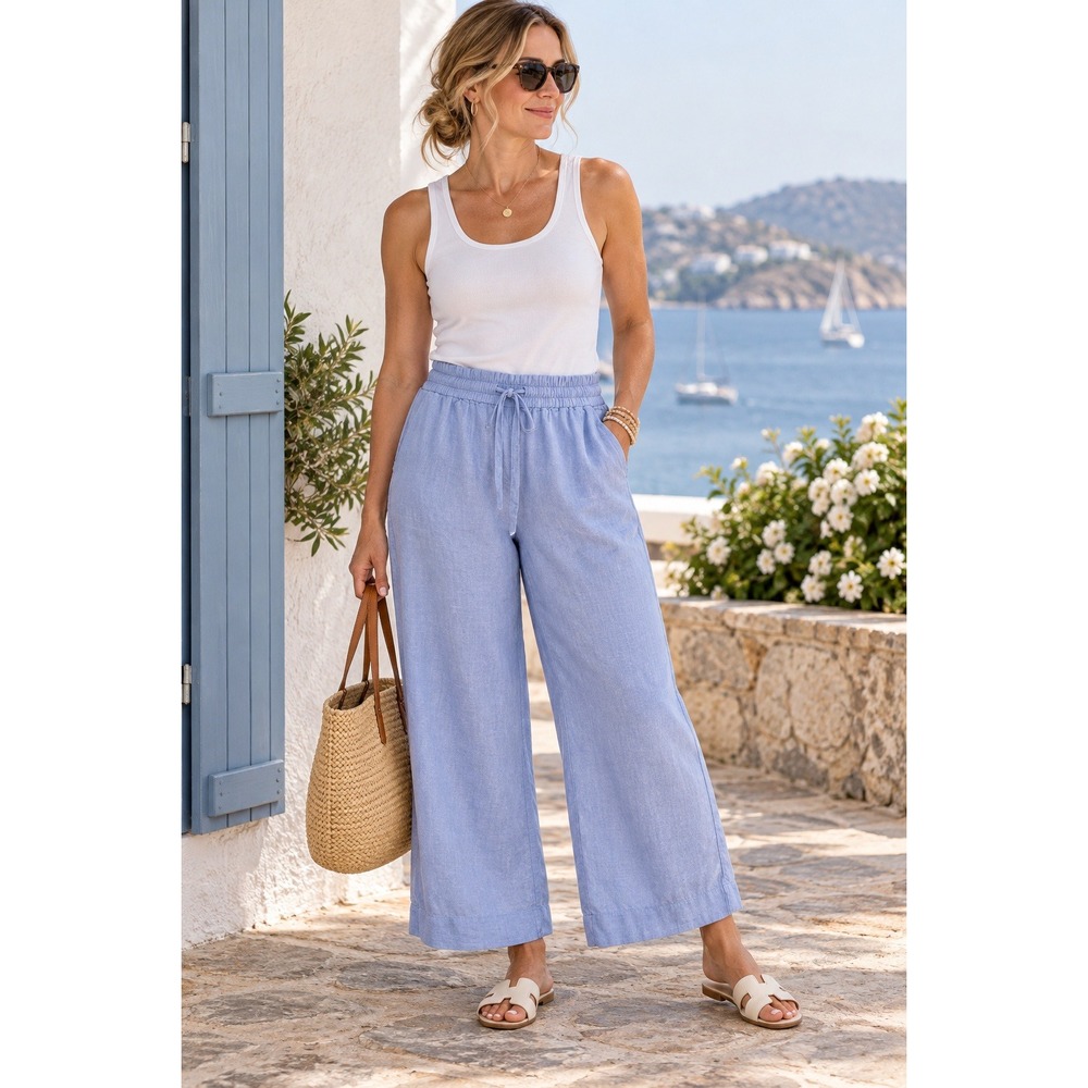 J.Crew Linen Wide Leg Pants Women Medium Blue Drawstring Coastal Summer Trousers